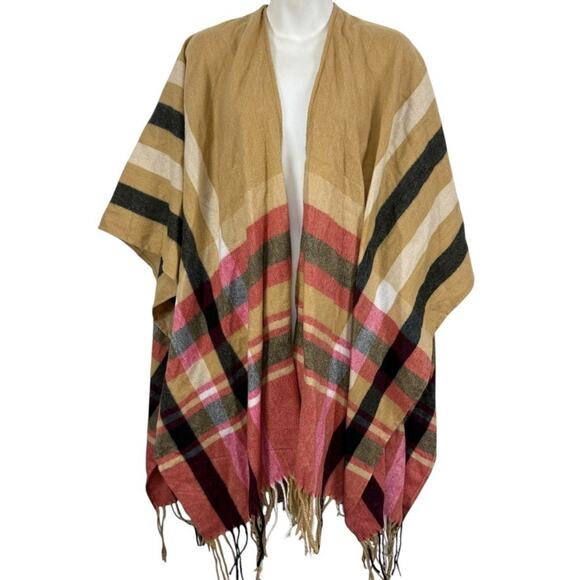 Woolrich Womens Striped Poncho Fleece Fringe Beige Pink Jacket Cardigan sz O/S - Picture 1 of 16
